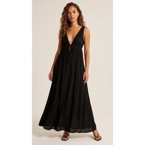 Rhea Womens Small/Medium Black Maxi Dress Sleeveless Deep V Neck Empire Waist